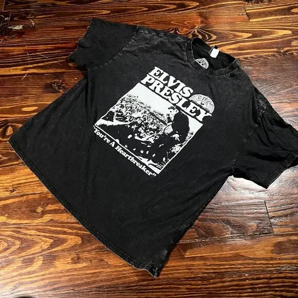 Sun Records Small Vintage Wash Elvis Presley Graphic Tee Black Relaxed Modern - Picture 1 of 5